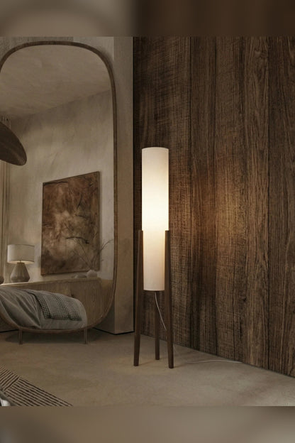 Lunara Floor Lamp – walnut wood, fabric shade, brass details