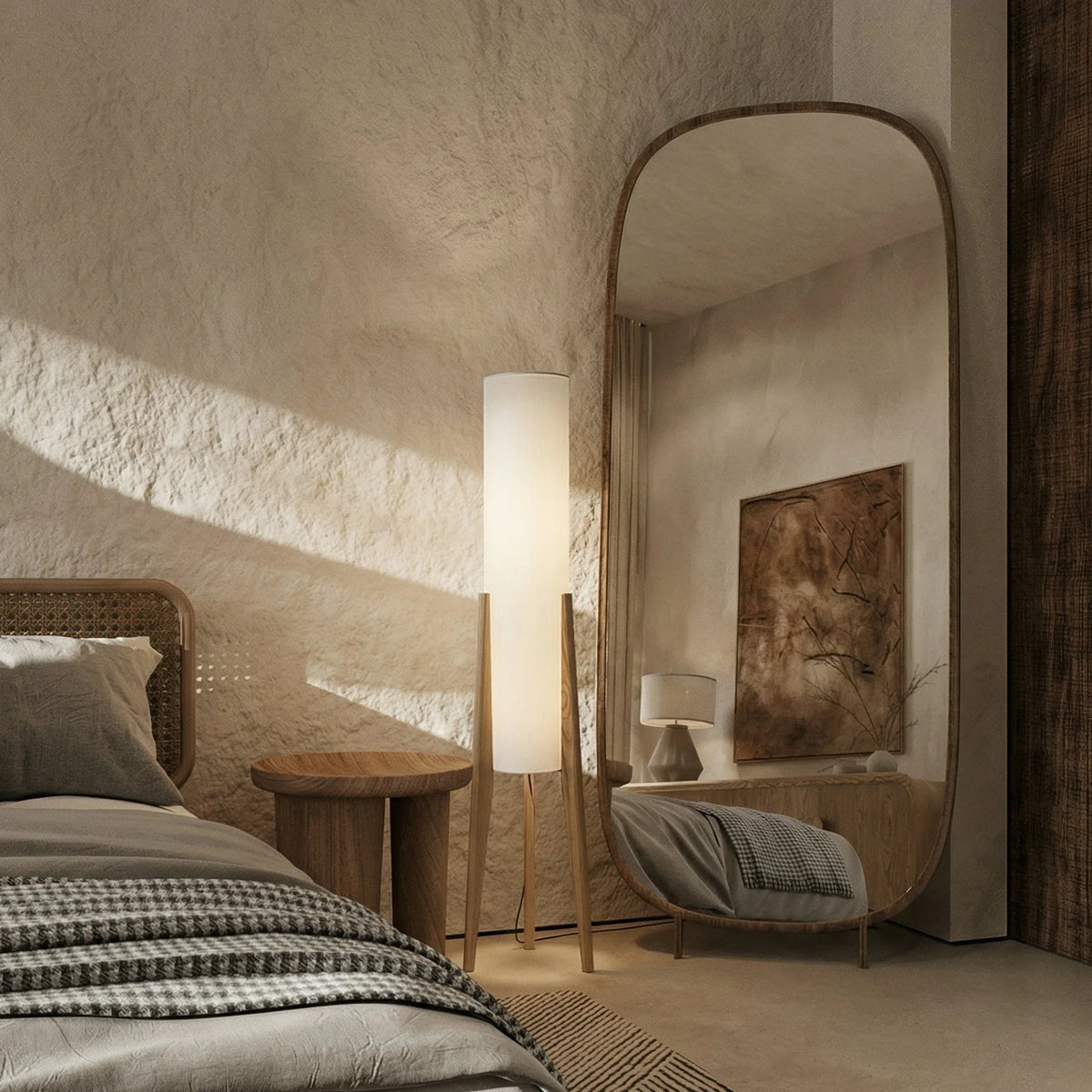 Lunara Floor Lamp – walnut wood, fabric shade, brass details