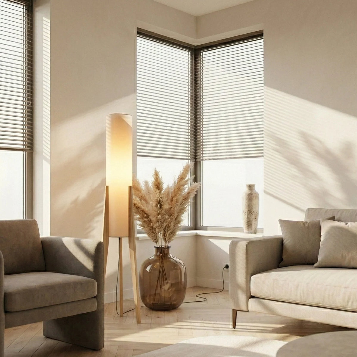 Lunara Floor Lamp – walnut wood, fabric shade, brass details