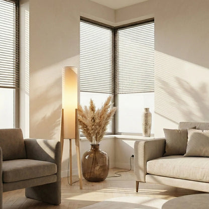Lunara Floor Lamp – walnut wood, fabric shade, brass details