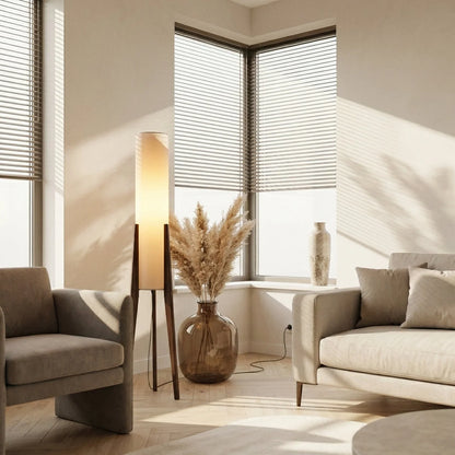 Lunara Floor Lamp – walnut wood, fabric shade, brass details