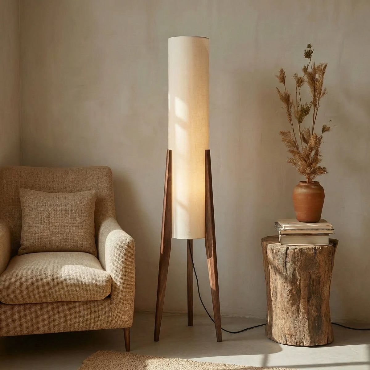 Lunara Floor Lamp – walnut wood, fabric shade, brass details