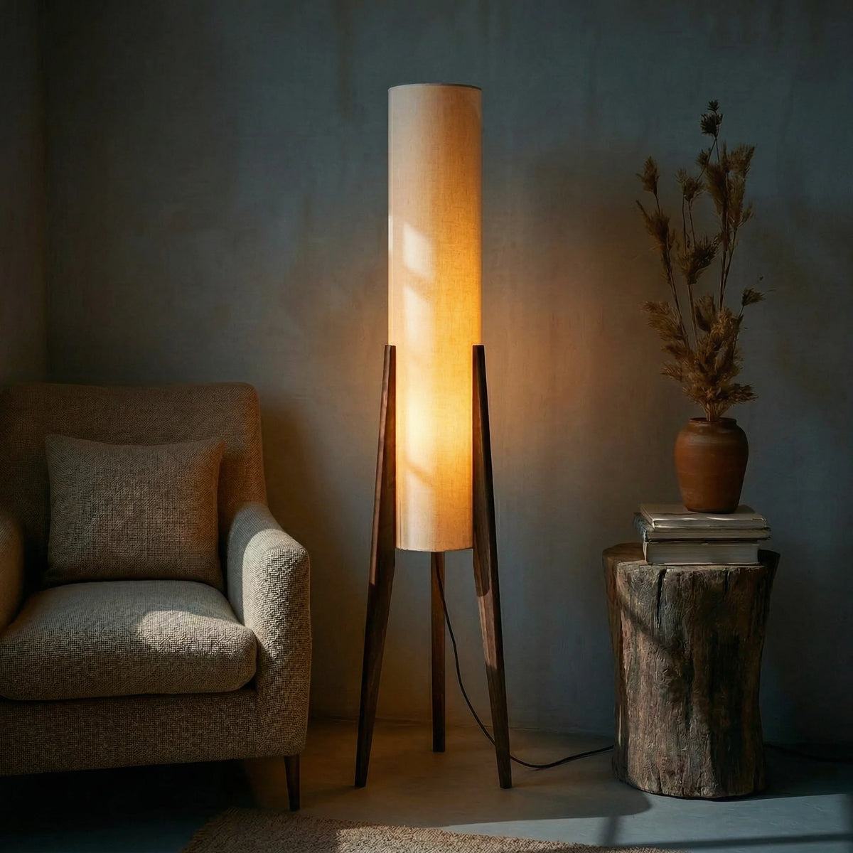 Lunara Floor Lamp – walnut wood, fabric shade, brass details