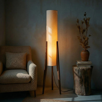 Lunara Floor Lamp – walnut wood, fabric shade, brass details