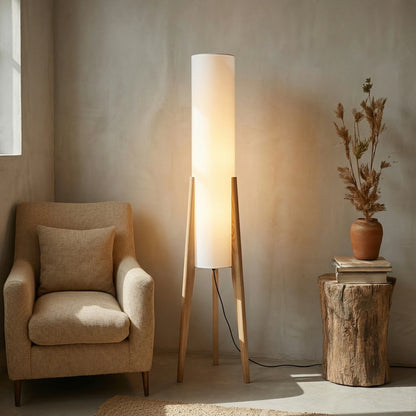 Lunara Floor Lamp – walnut wood, fabric shade, brass details