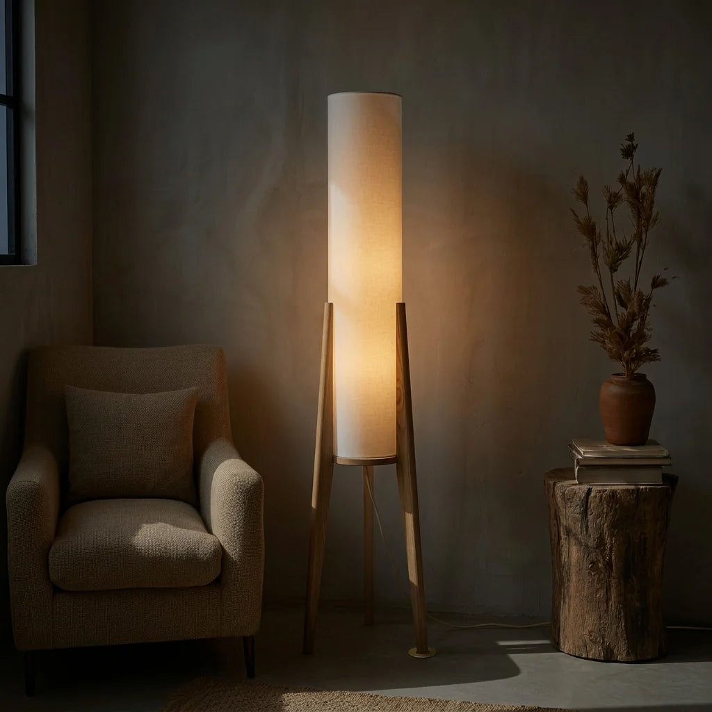 Lunara Floor Lamp – walnut wood, fabric shade, brass details