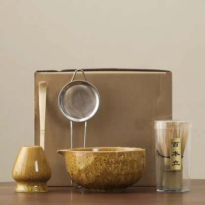 Matcha Tea Set – hand-thrown ceramic bowl, bamboo whisk, five-piece