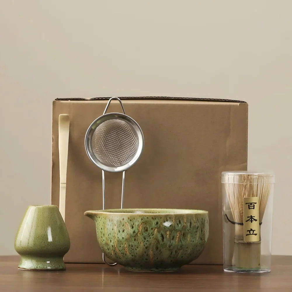 Matcha Tea Set – hand-thrown ceramic bowl, bamboo whisk, five-piece