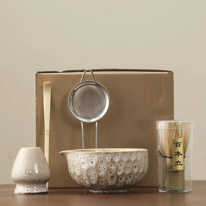 Matcha Tea Set – hand-thrown ceramic bowl, bamboo whisk, five-piece
