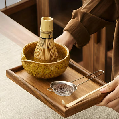 Matcha Tea Set – hand-thrown ceramic bowl, bamboo whisk, five-piece