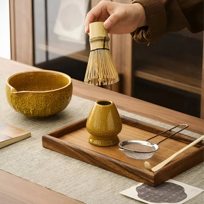 Matcha Tea Set – hand-thrown ceramic bowl, bamboo whisk, five-piece