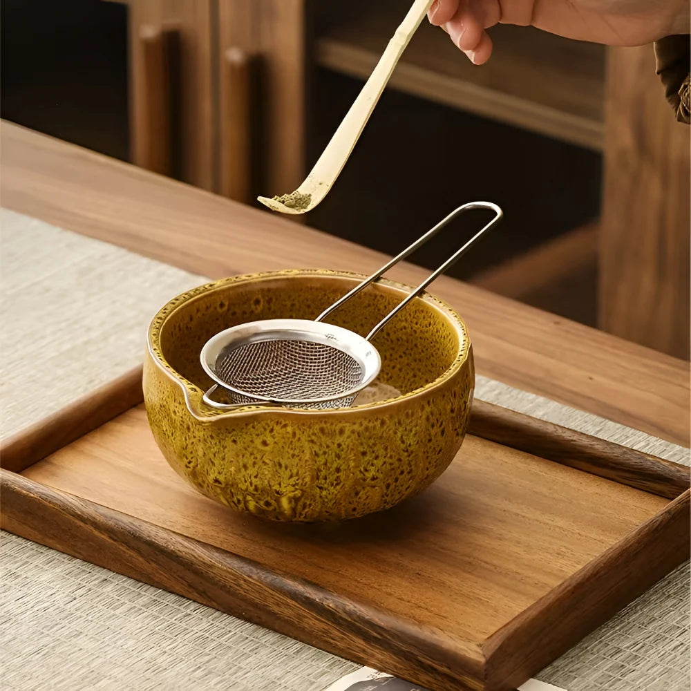 Matcha Tea Set – hand-thrown ceramic bowl, bamboo whisk, five-piece