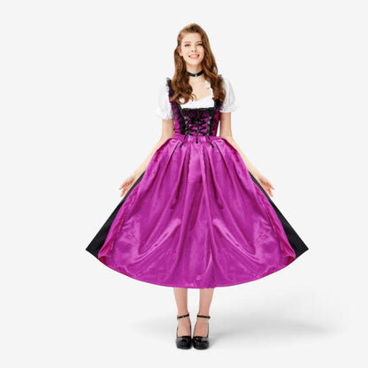 Maxi Dress Women - Bavarian Dirndl Dress with Satin Apron and Lace-Up Bodice