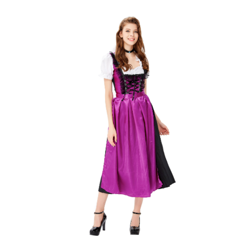 Maxi Dress Women - Bavarian Dirndl Dress with Satin Apron and Lace-Up Bodice