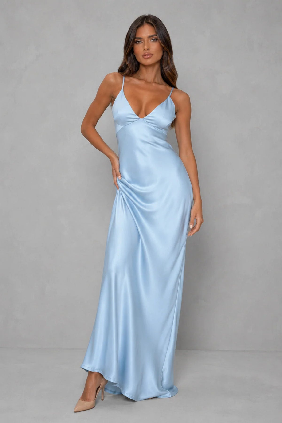 Maxi Dress Women - Hammered Satin with Plunge Neckline