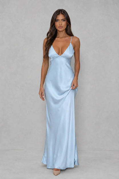 Maxi Dress Women - Hammered Satin with Plunge Neckline