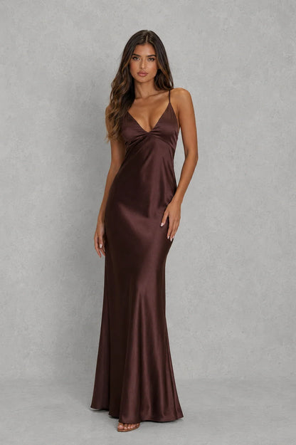 Maxi Dress Women - Hammered Satin with Plunge Neckline