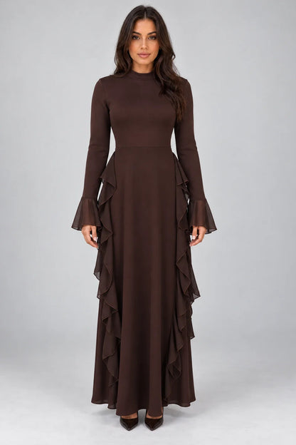 Maxi Dress Women - High Neck Ruffled Evening Gown