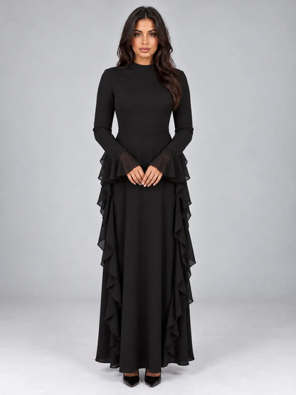 Maxi Dress Women - High Neck Ruffled Evening Gown