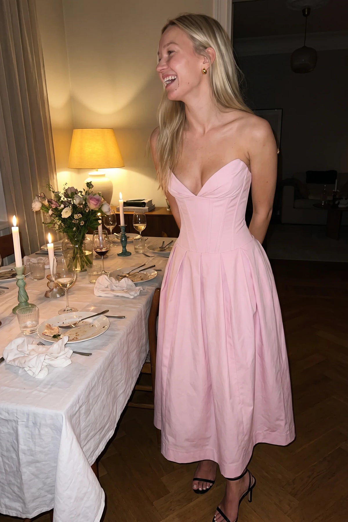Maxi Dress Women - Pink Strapless Corset Bodice