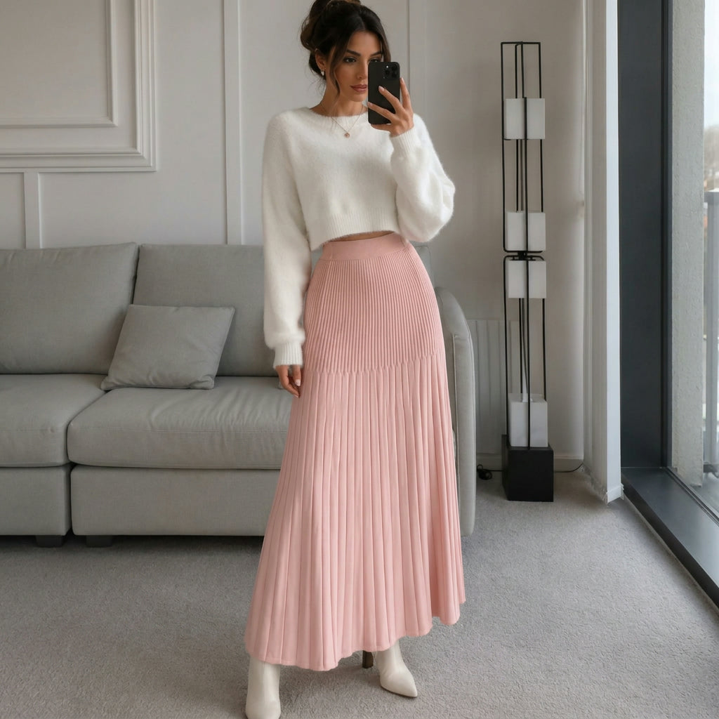 Maxi Dress Women - Pleated Knit with Elastic Waist