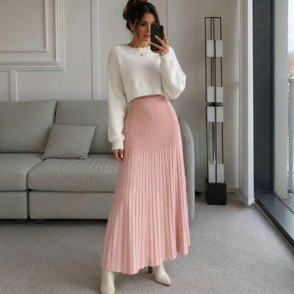 Maxi Dress Women - Pleated Knit with Elastic Waist