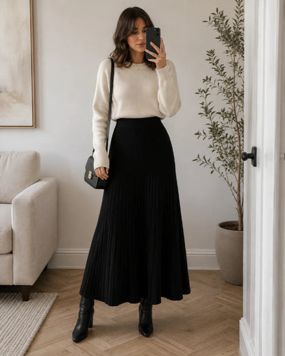 Maxi Dress Women - Pleated Knit with Elastic Waist