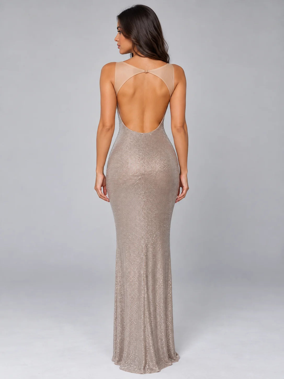 Maxi Dress Women - Rhinestone Evening Gown with Square Neck