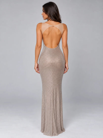 Maxi Dress Women - Rhinestone Evening Gown with Square Neck