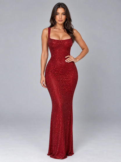 Maxi Dress Women - Rhinestone Evening Gown with Square Neck
