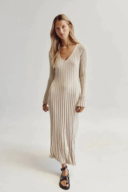 Maxi Dress Women - Ribbed Long Sleeve V-Neckline