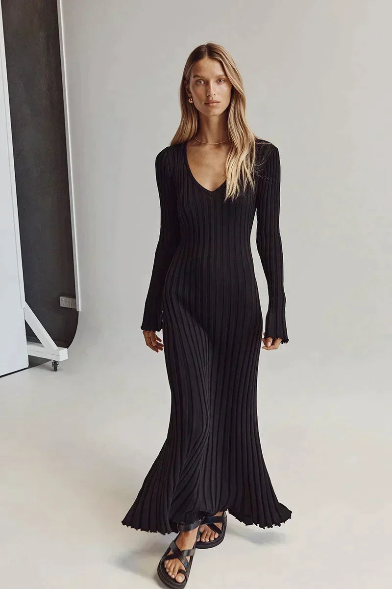 Maxi Dress Women - Ribbed Long Sleeve V-Neckline
