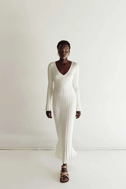 Maxi Dress Women - Ribbed Long Sleeve V-Neckline