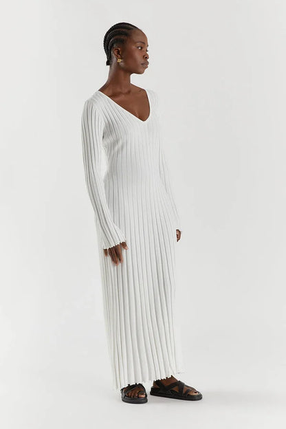 Maxi Dress Women - Ribbed Long Sleeve V-Neckline