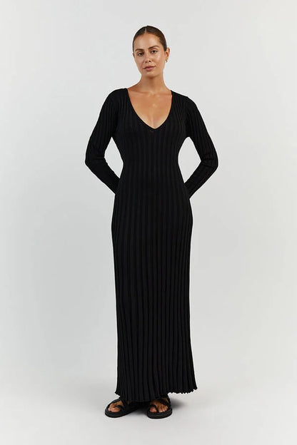 Maxi Dress Women - Ribbed Long Sleeve V-Neckline