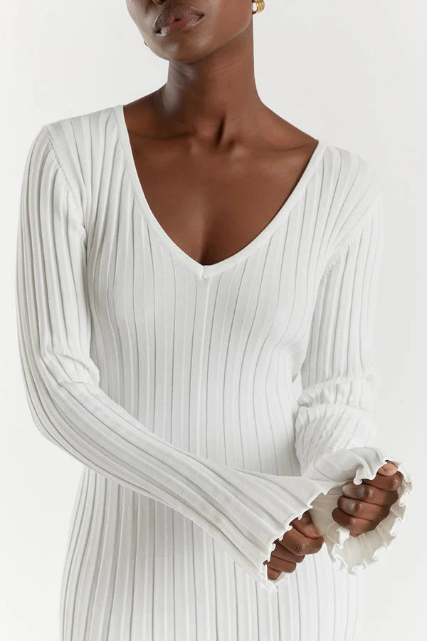 Maxi Dress Women - Ribbed Long Sleeve V-Neckline