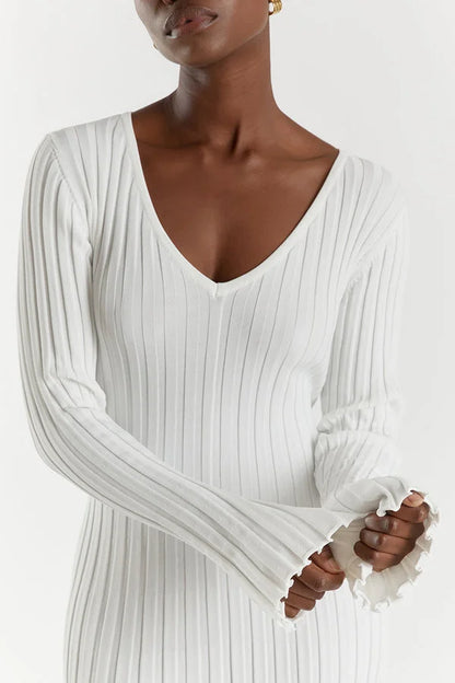 Maxi Dress Women - Ribbed Long Sleeve V-Neckline