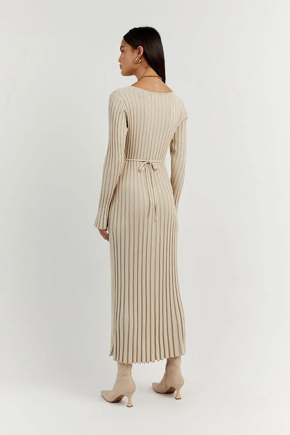 Maxi Dress Women - Ribbed Long Sleeve V-Neckline
