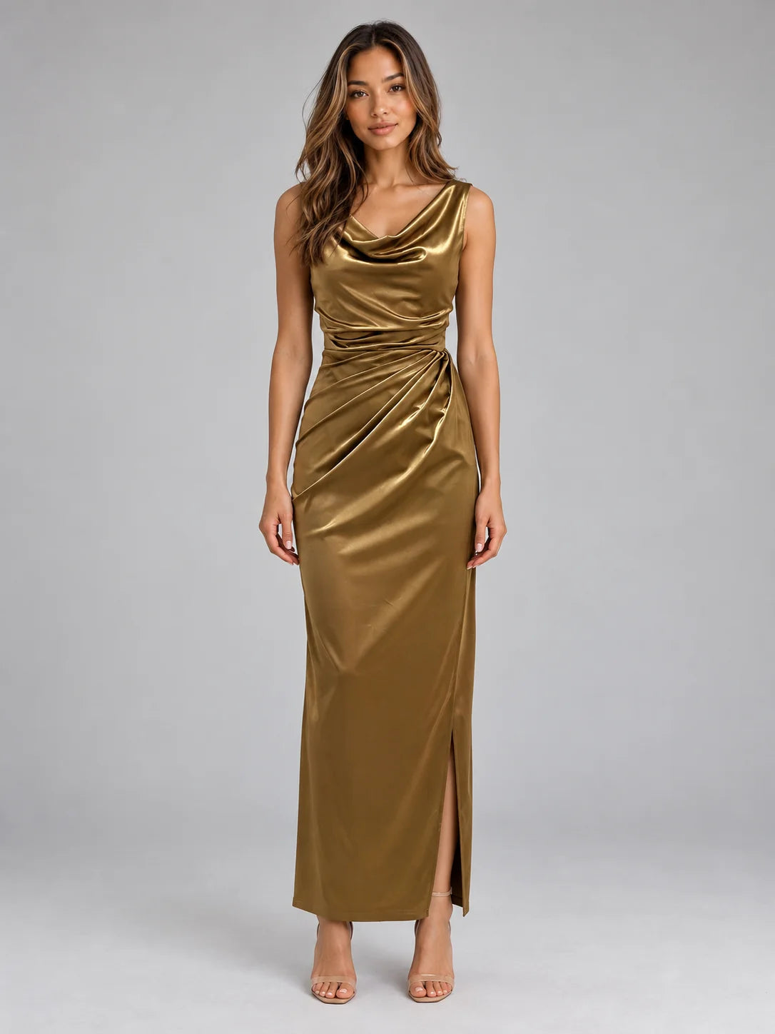Maxi Dress Women - Satin Cowl Neck Sleeveless