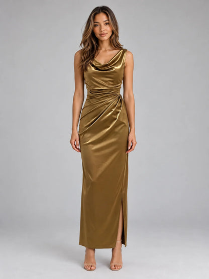 Maxi Dress Women - Satin Cowl Neck Sleeveless