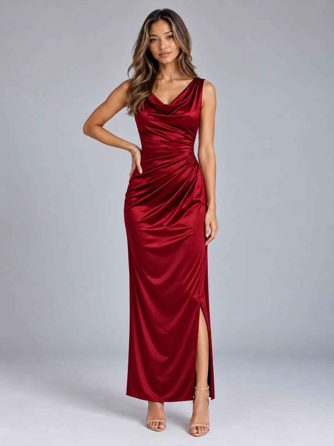 Maxi Dress Women - Satin Cowl Neck Sleeveless