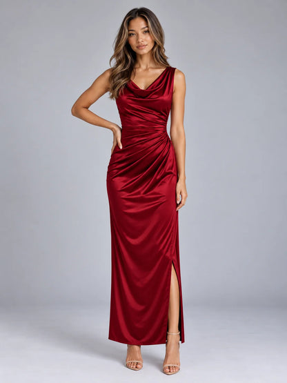 Maxi Dress Women - Satin Cowl Neck Sleeveless
