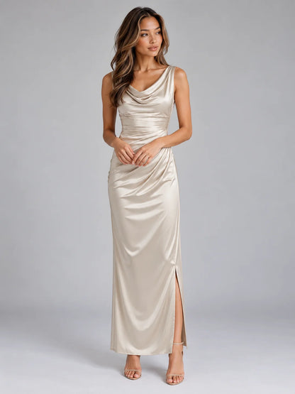 Maxi Dress Women - Satin Cowl Neck Sleeveless