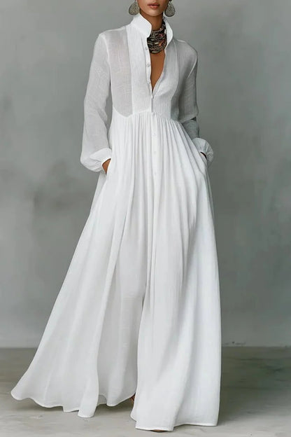 Maxi Dress Women - Stand Collar Shirt with Long Sleeves and Pockets