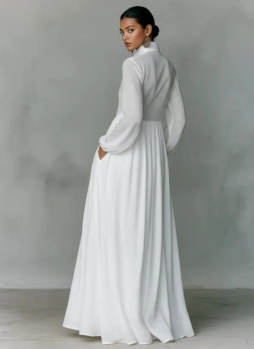 Maxi Dress Women - Stand Collar Shirt with Long Sleeves and Pockets