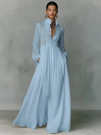 Maxi Dress Women - Stand Collar Shirt with Long Sleeves and Pockets