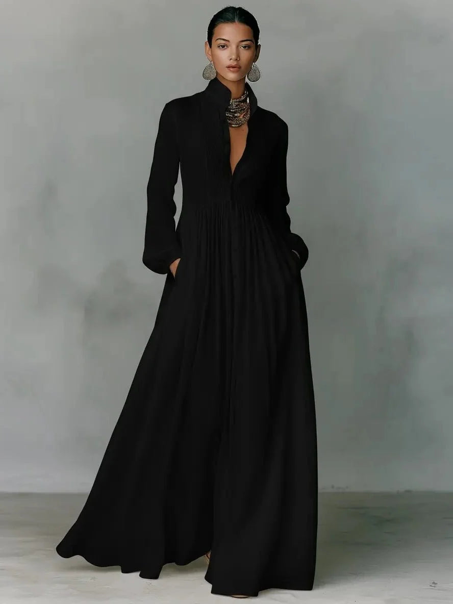 Maxi Dress Women - Stand Collar Shirt with Long Sleeves and Pockets
