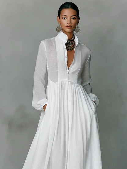 Maxi Dress Women - Stand Collar Shirt with Long Sleeves and Pockets