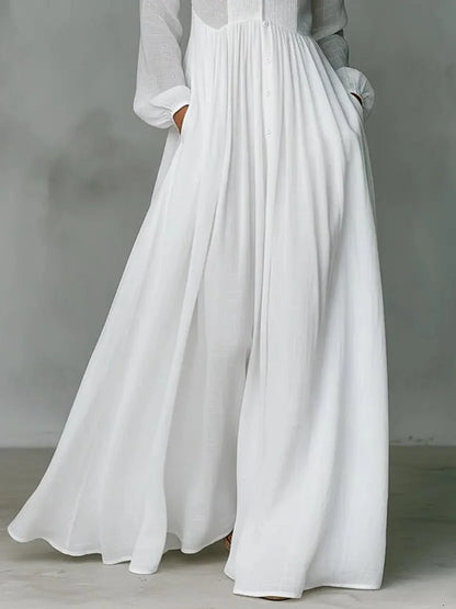 Maxi Dress Women - Stand Collar Shirt with Long Sleeves and Pockets