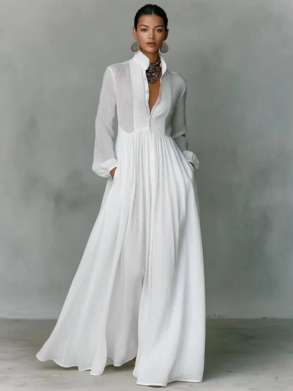 Maxi Dress Women - Stand Collar Shirt with Long Sleeves and Pockets